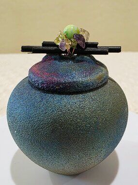 Jeremy Diller Raku Pottery Mini Dream Jar Signed Studio Art Vessel Gemstones P1